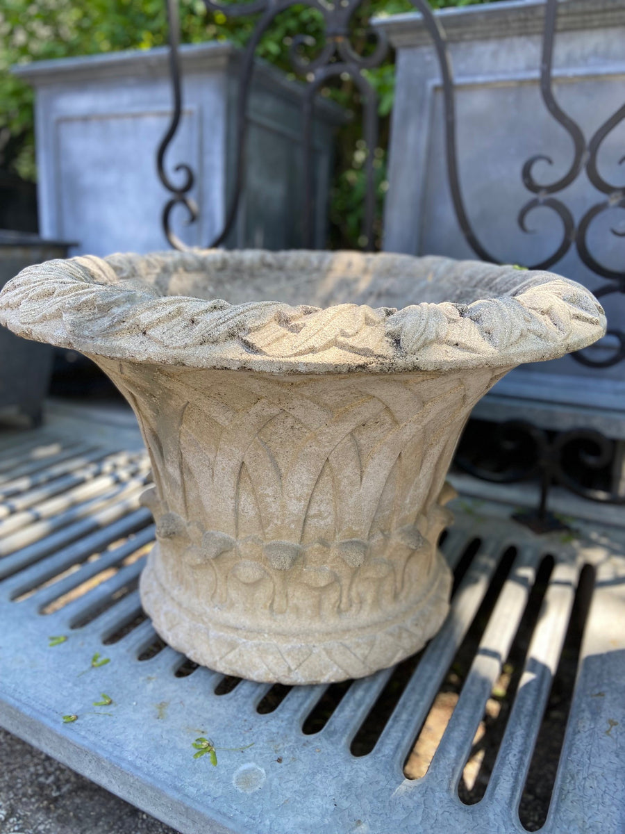 Vintage English Cast Stone Basketweave Urns - Pair