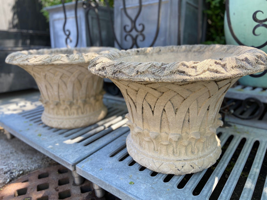 Vintage English Cast Stone Basketweave Urns - Pair