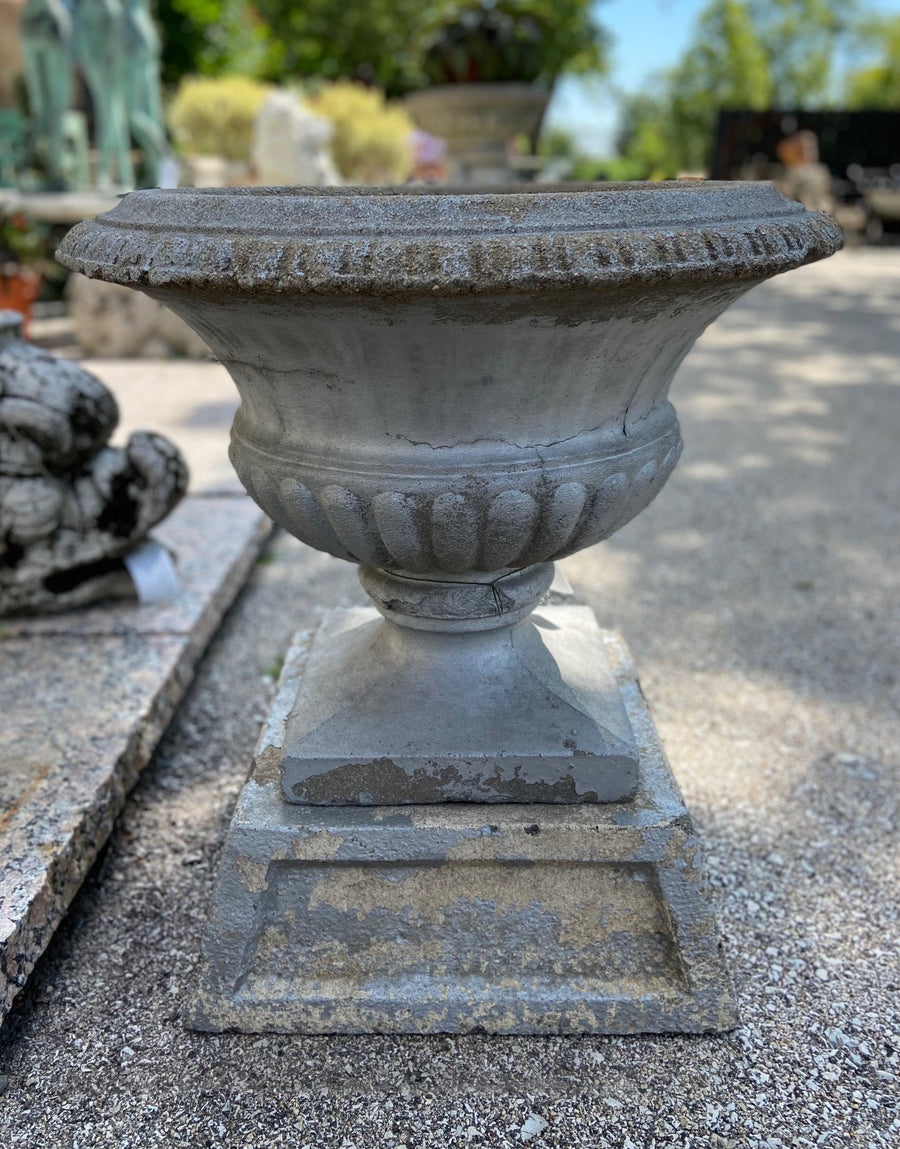 Vintage Concrete Urn on Plinth (old silver paint)